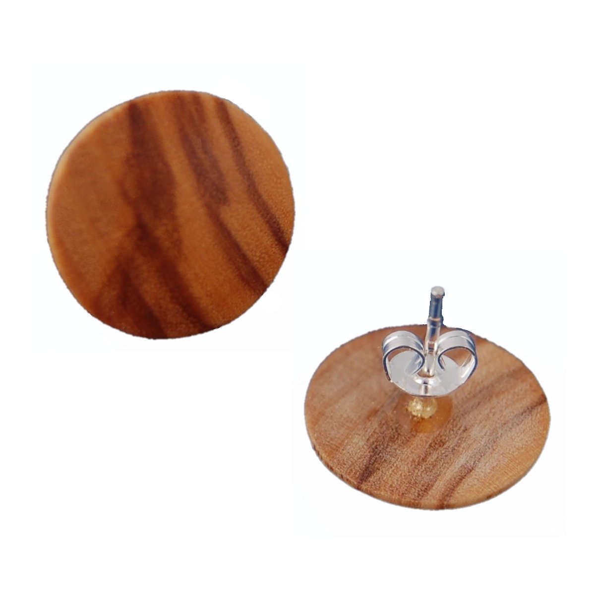 round wooden ear stud made from natural wood