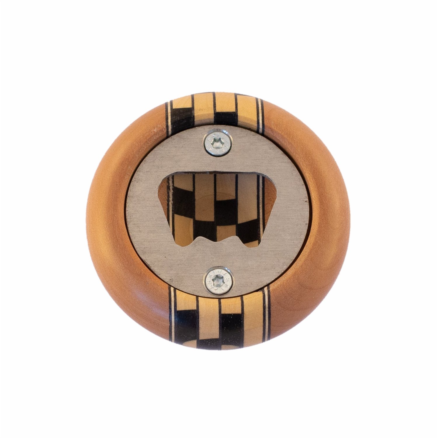round beer bottle opener made of glued wood