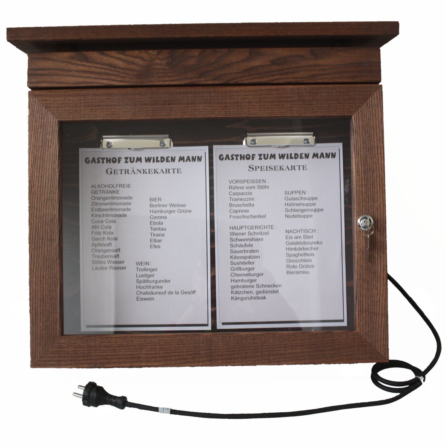 scatola del menu illuminata in legno di quercia scuro